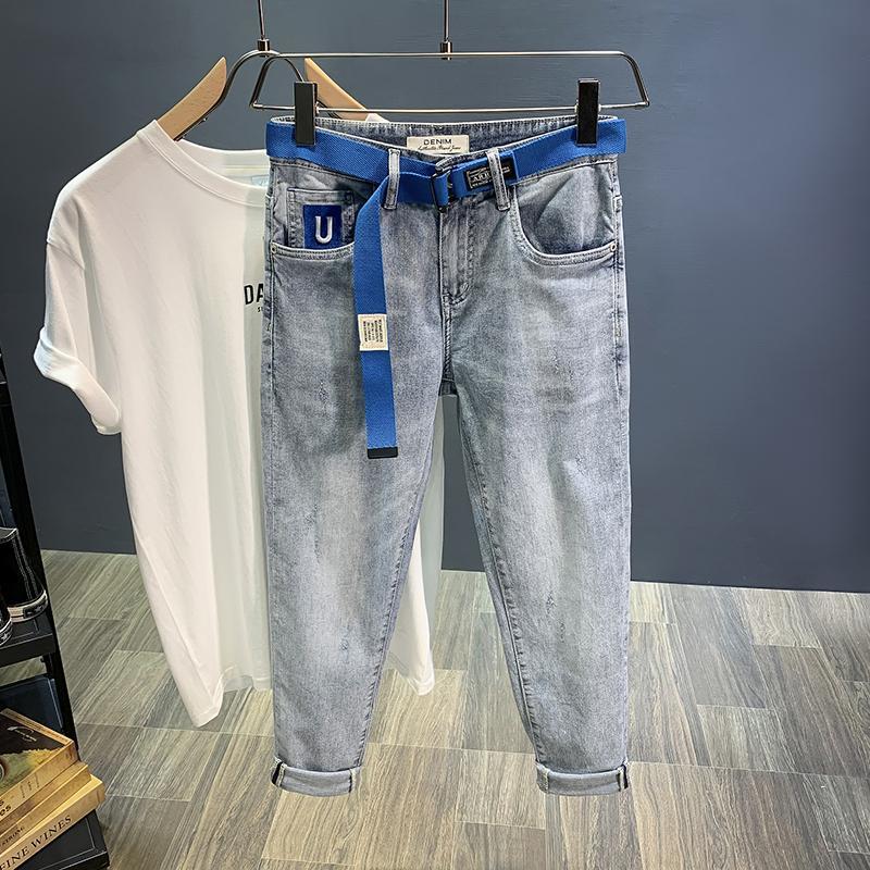Light color nine-point jeans men 2021 new tide card autumn thin section slim pants belt long pants
