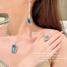威尼斯水蓝几何宝石耳坠 美式精切 镀18K金长方彩宝锆石项链 套装