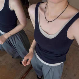 美式假两件藏蓝色u领吊带背心女夏外穿修身短款巨好看的无袖上衣