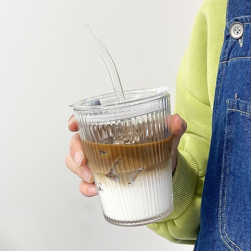 送料無料、インスタイル縦縞ガラスカップ、見栄えの良い冷たいドリンクコーヒーカップ、オフィスや家庭用ウォーターカップ、ストロー付き|undefined