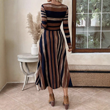2025新款亚马逊秋冬女士圆领长袖条纹拼接长裙收腰定位大摆连衣裙
