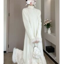 设计感加绒流苏短裙领口钉钻设计冬季连衣裙8385