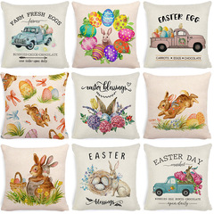Cross-border Pillowcase on Amazon: Easter Throw Pillow Cover with Cartoon Truck, Garland, Rabbits, and Colorful Egg Designs
