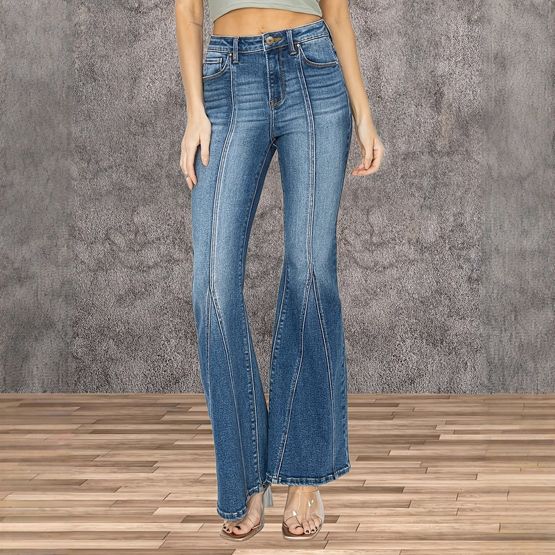 Cross-Border European and American Amazon Popular Ankle Triangle Shape Splicing Sand-Washed Blue Stretch Flared Denim Trousers