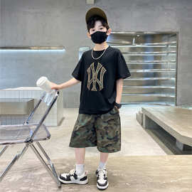 网红男童韩版迷彩短裤套装中大童夏季新款洋气字母短袖休闲两件套