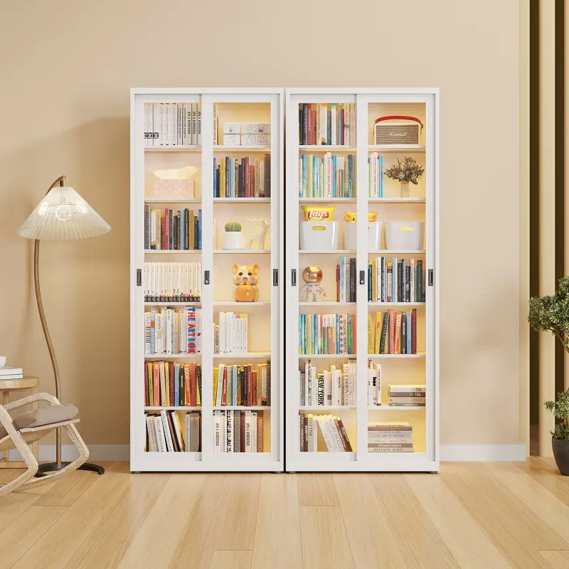 家用铁艺书架推拉门防尘玻璃书柜带锁展示柜客厅多层落地收纳柜子