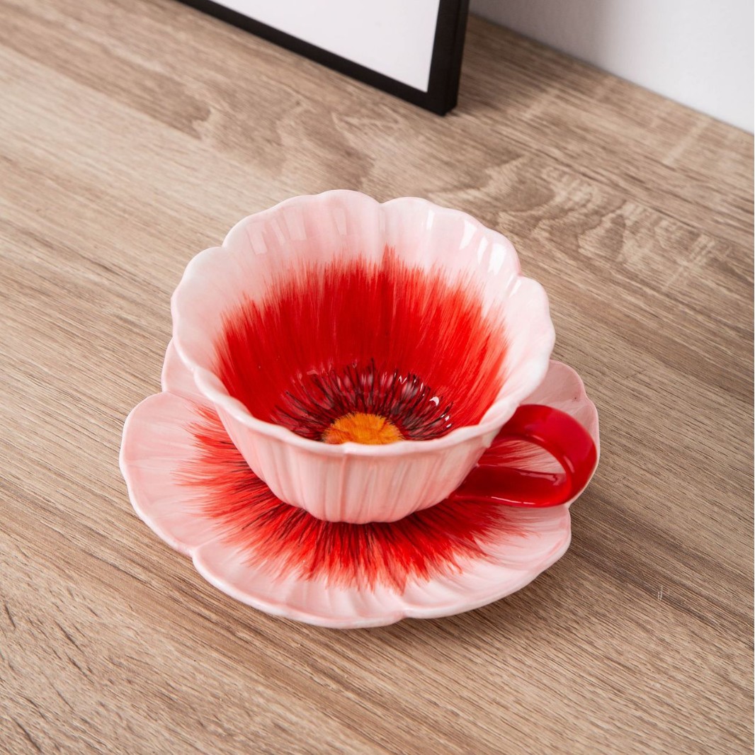Esmalte pintado a mano de alto valor de la cara, tazas de café y platos de lujo ligero y creativo, tazas de café hechas a mano.
