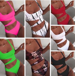 23 New European and American Women's Sexy One-Piece Slimming Look Pure Color Bikini Swimsuit Cross-Border Amazon Bikini Swimsuit