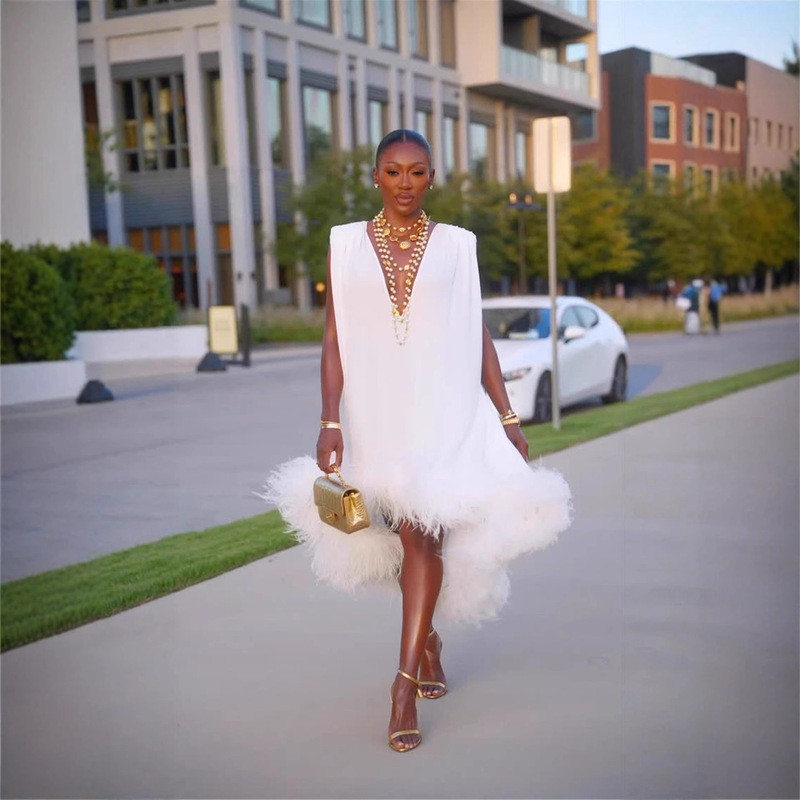 Cross-Border European and American Independent Station Niche Design A-Line Skirt European and American V Neck Sleeveless Asymmetrical Hem Ostrich Feather Dress