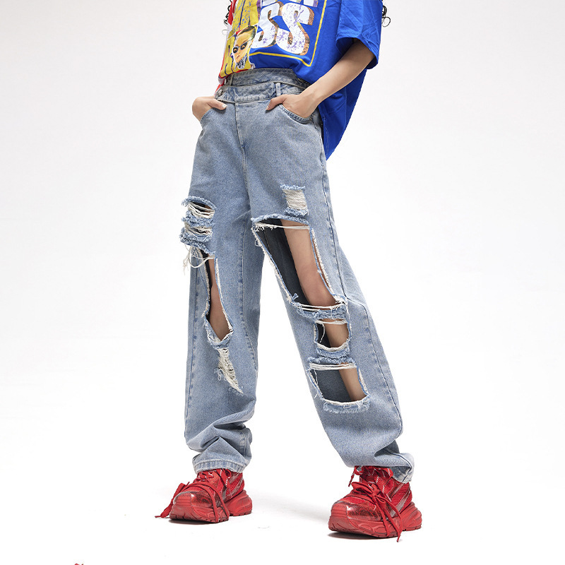 Special Offer: 118 Yuan. Tuogu American High Street Style Ripped Jeans for Women, Loose Wide-Leg Pants, Light-Colored Straight-Leg Pants, Long Pants