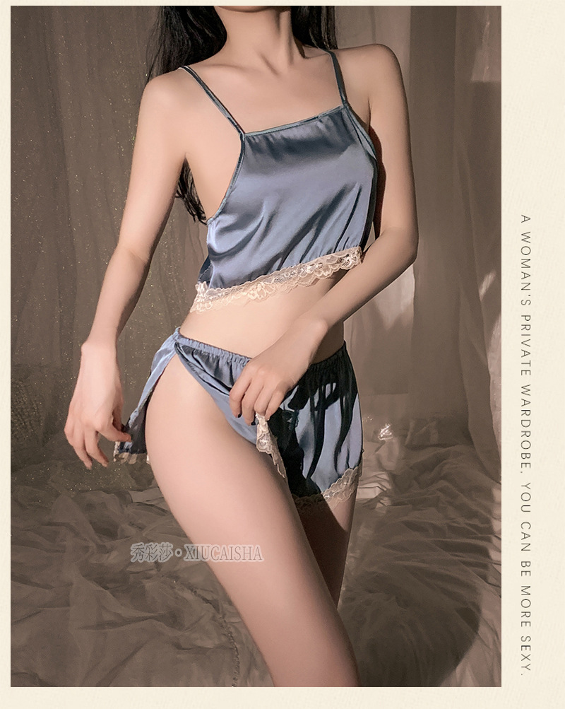 Women’s Sexy Split Sling Lingerie Set with Shorts and White Stockings, Pink One Size — detail image 26