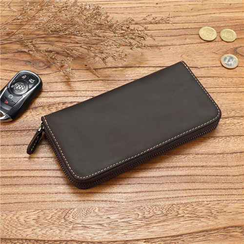 Retro Crazy Horse Leather Men's Wallet First Layer Cowhide Large Capacity Handbag Genuine Leather Long Wallet Zipper Handmade Wallet