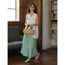 2025夏季新款日系高腰抹茶绿条纹休闲裙裤女设计感薄款阔腿八分裤