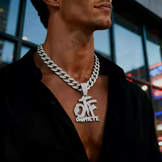 Hip Hop Iced Out Letter OTF Pendant Necklace Punk Rapper Cuban Long Chain Jewelry