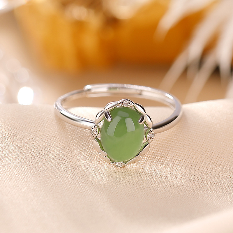 Nhẫn nữ bạc S925 mặt trứng ngọc bích mạ vàng phong cách đơn giản thanh lịch — Kiểu mạ bạch kim, Kiểu mạ vàng