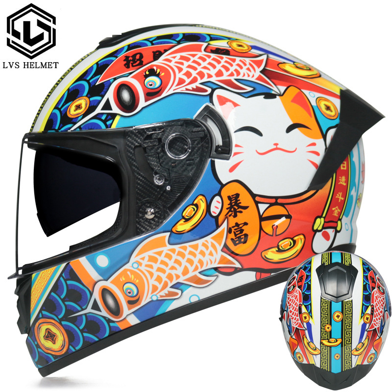 Coche eléctrico con casco completo, casco completo de otoño e invierno, coche eléctrico de carreras de imitación, coche eléctrico masculino, caballero, doble lente, cola larga