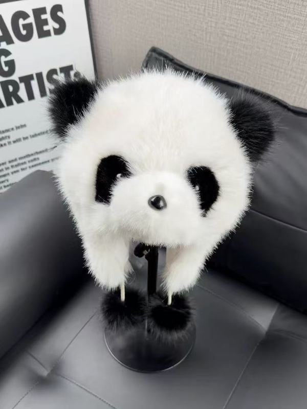 网红新款熊猫帽子时尚仿狐狸毛护耳帽成人冬季亲子批发潮流亲子款|undefined