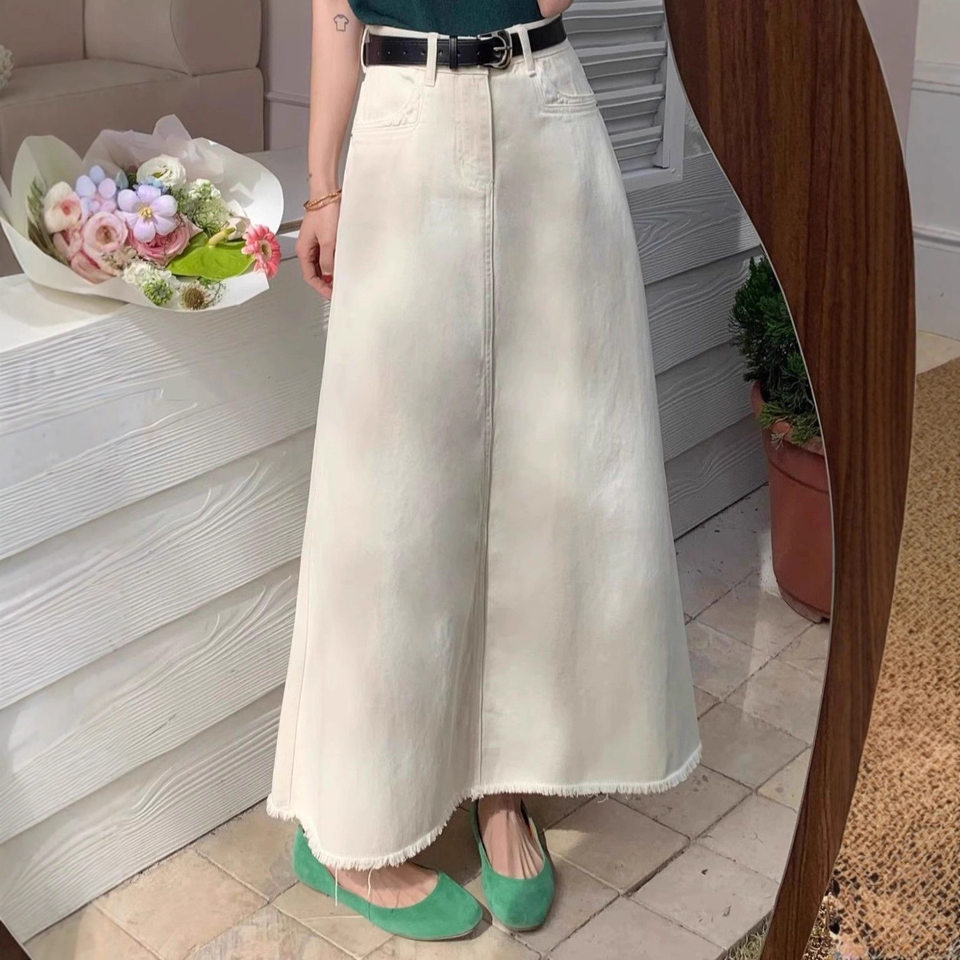 Chân váy denim nữ cạp cao dáng chữ A đuôi cá dài trung bình viền xù — Màu trắng nhạt (chất lượng cao)