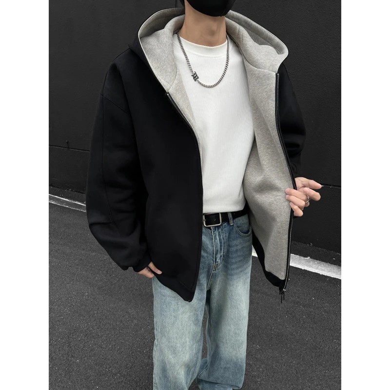 Suéter de rebeca con capucha corta con doble cremallera súper gruesa de todo fósforo para hombres y mujeres de perfil de moda chaqueta casual casual