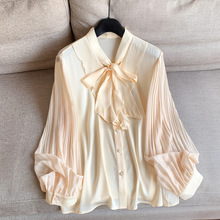 2025新桑蚕丝设计感 蝴蝶结飘带气质开衫衬衣衬衫女批发H05HT8229