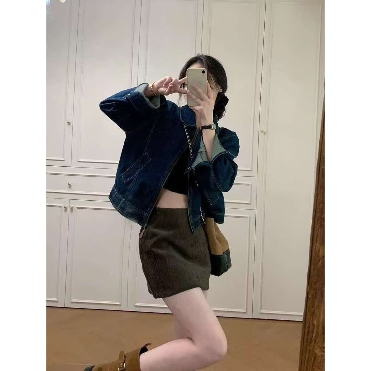 美式复古学院风牛仔外套女春秋季复古做旧翻领夹克显瘦百搭上衣潮