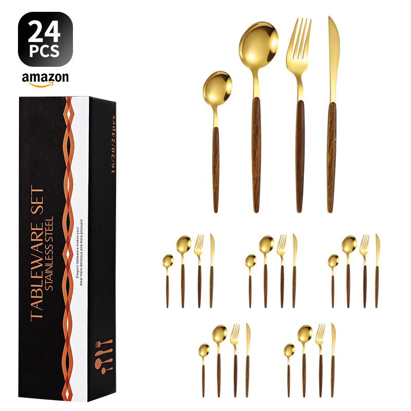 Transfronterizo de acero inoxidable vajilla portuguesa imitación mango de madera cuchillo tenedor cuchara 24 piezas traje de filete cuchillo tenedor clip mango de madera cuchara de café