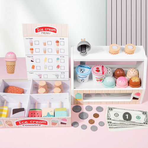 Wooden simulation play house ice cream and ice cream shop selling kitchen cutlery canteen cashier parent-child toys