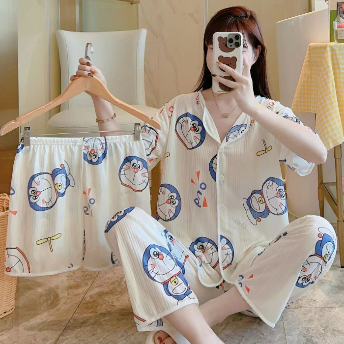 新しいカーディガンのパジャマの女性の半袖のズボンの3つのセットの漫画のかわいいレジャーの家の服の四季は外で着ることができます。|undefined