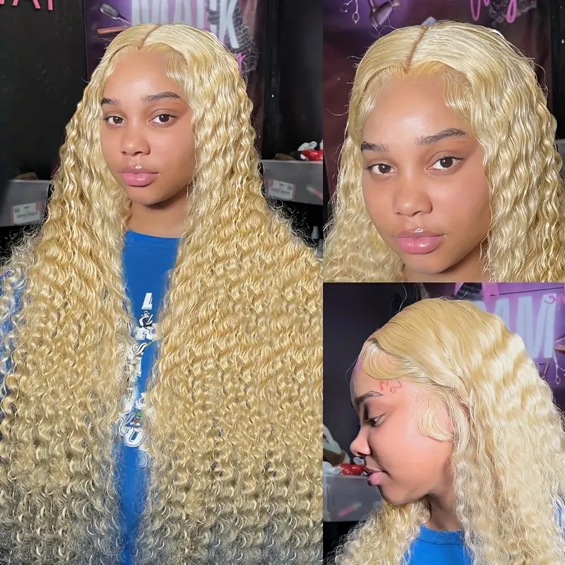 Parrucca da donna con frontale in pizzo, stile europeo-americano, capelli lunghi ondulati con piccoli riccioli color oro chiaro, sintetica, con clip, per uso quotidiano._voghion.com