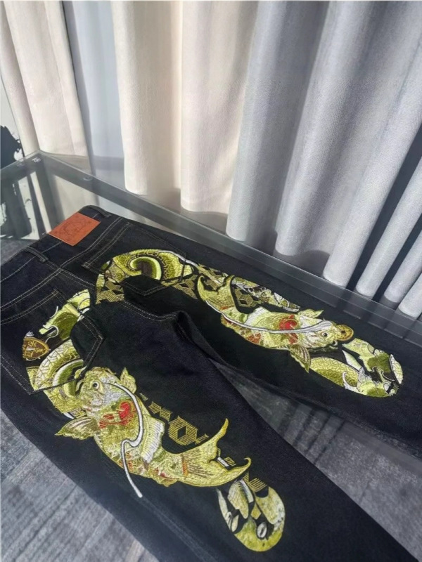新款福运鲤鱼跃龙门刺绣黑色牛仔裤男宽松直筒脚休闲时尚潮牌裤子|undefined