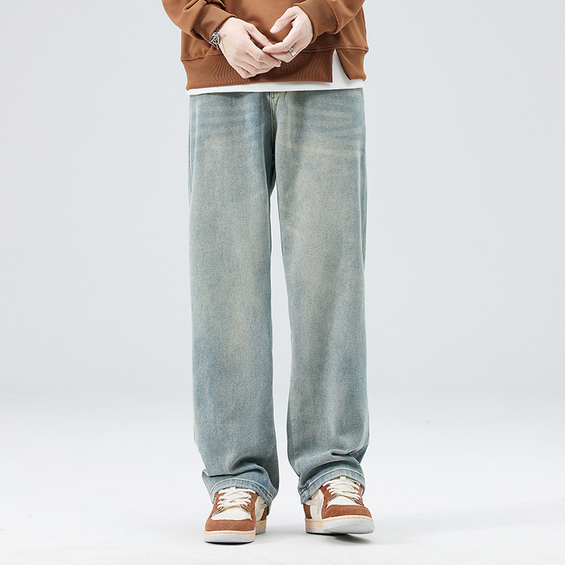 Pantalones vaqueros sueltos lavados para hombres viejos pantalones casuales de pierna ancha suaves para la piel Pantalones rectos de la marca de moda para hombres High Street