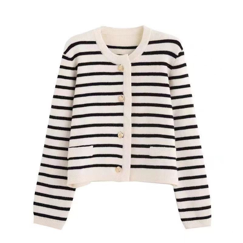 Knitted autumn cardigan with a round collar