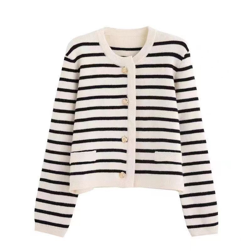 Women's Autumn French Loose Short Outer Sweater Jacket with Gold Buckle Color Stripe Crewneck and Chanel Style Knitted Cardigan
