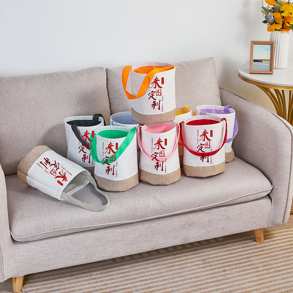 Bolsa de algodón y lino de colores contrastantes con empalme de cesta colorida, bolsa de regalo de Halloween de algodón y lino de 380g, se puede personalizar con imágenes xqds0189a