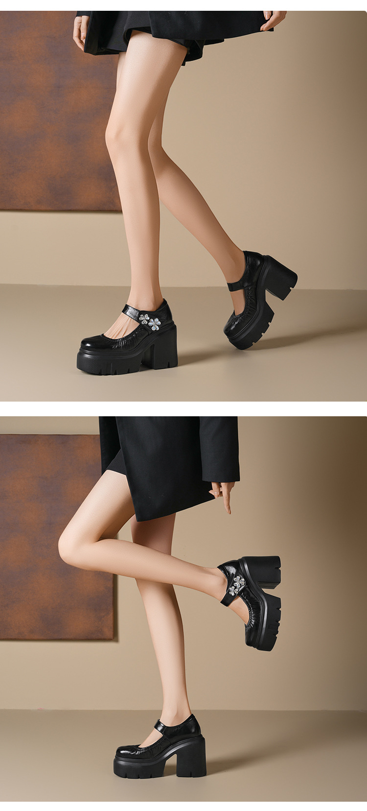 Giày cao gót nữ đế xuồng platform gót 12 cm da thật — Màu đen chi tiết 8