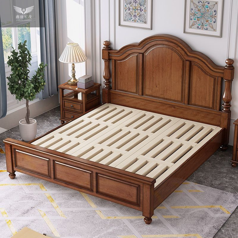 Cama europea de madera troncal dormitorio cama de madera maciza estilo americano campesino toda la madera maciza caja alta cama doble de 1,5 metros cama matrimonial