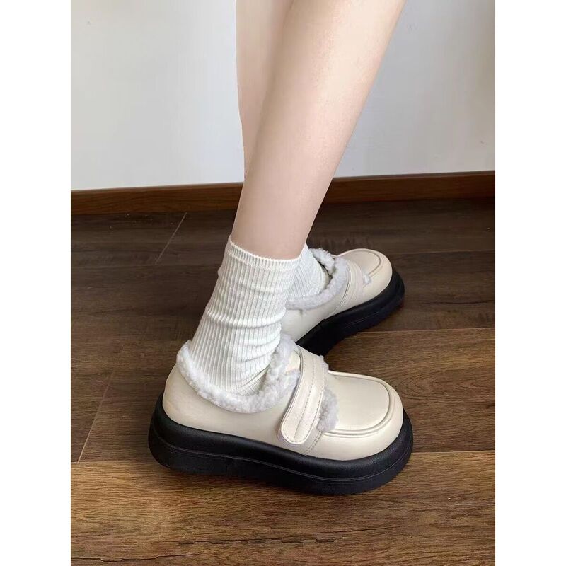 All-match flat-bottomed loafers women's 2023 winter new round head academic style increased warm cotton shoes thick-soled Japanese style