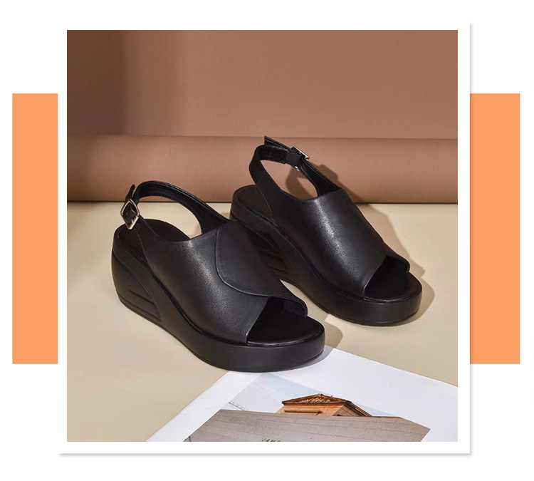 Giày sandal cao gót nữ mũi hở kiểu miệng cá, đế dày platform, da thật có khóa — Màu đen chi tiết 5