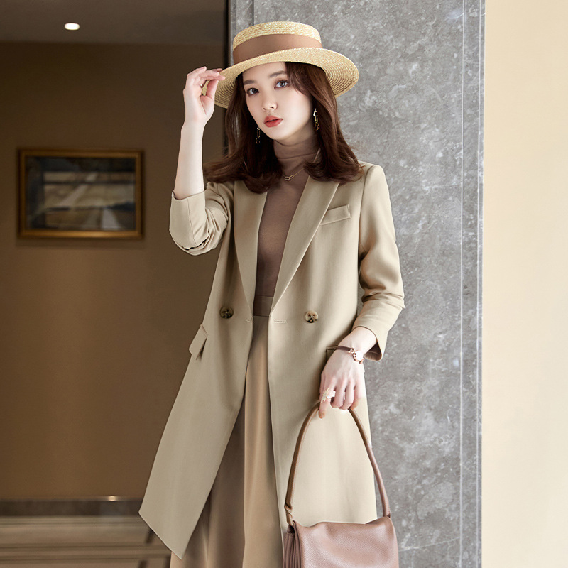 Khaki Suit Jacket Women's Spring and Autum 2024 New Mid-Length Windbreaker High-End Casual Autum Suit Autum Khaki Suit Jacket Women's Spring and Autum 2024 New Mid-Length Windbreaker High-End Casual Autum Suit Autum