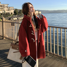 红色时尚洋气牛角扣毛呢外套女短款冬季新款韩系连帽加厚呢子大衣