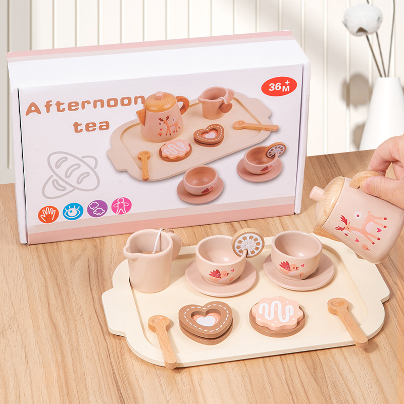 Simulación de jugar a la casa té de la tarde postre pastel tetera taza juego de té juguetes de madera juguetes de desayuno para niños