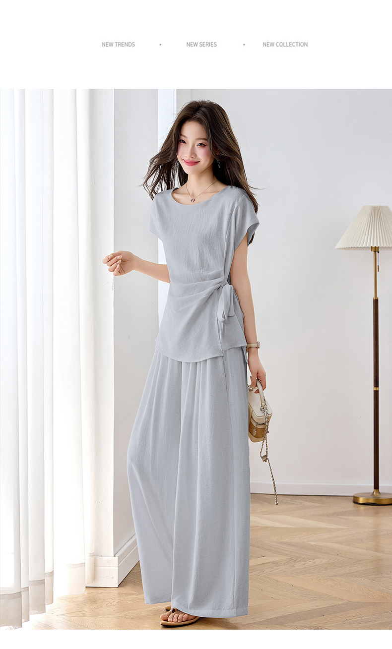 Bộ áo thun cổ tròn nơ buộc kết hợp quần ống rộng nữ 2 món — xanh lam, màu kaki, màu trắng ngà chi tiết 26
