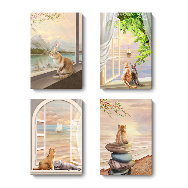 Healing Style Fresh Cat Living Room Decorative Painting Windowsill Landscape Restaurant Bedroom Modern Simple Cross-border Hanging Painting