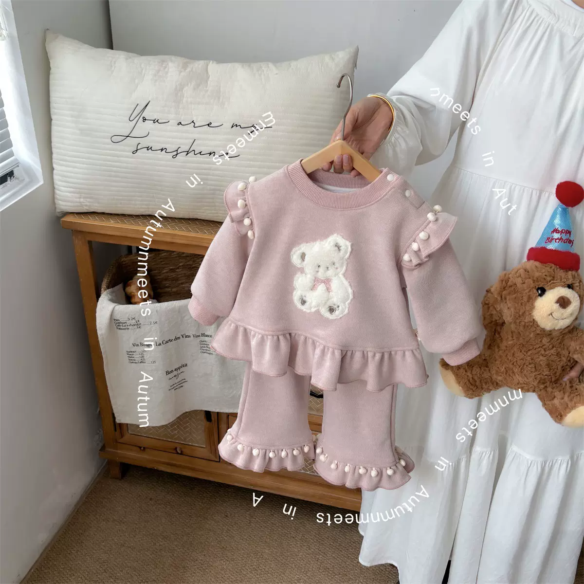 婴童小女孩加绒卫衣卫裤两件套2025秋冬新款新生儿毛球小熊套装潮