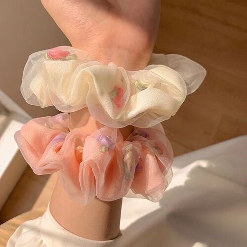 French Cream ~ Floral Exquisite Hair Tie Hair Accessories Highly Elastic Short Hair Accessories Back of the Head Hair Tie Korean