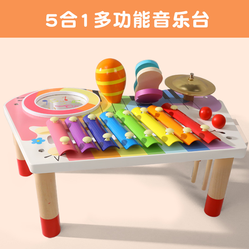 Instrumento Musical de Madera para Educación Temprana, Soporte Musical, Juego Cinco en Uno, Juego de Percusión para Niños, Juguetes Educativos Musicales para Bebés