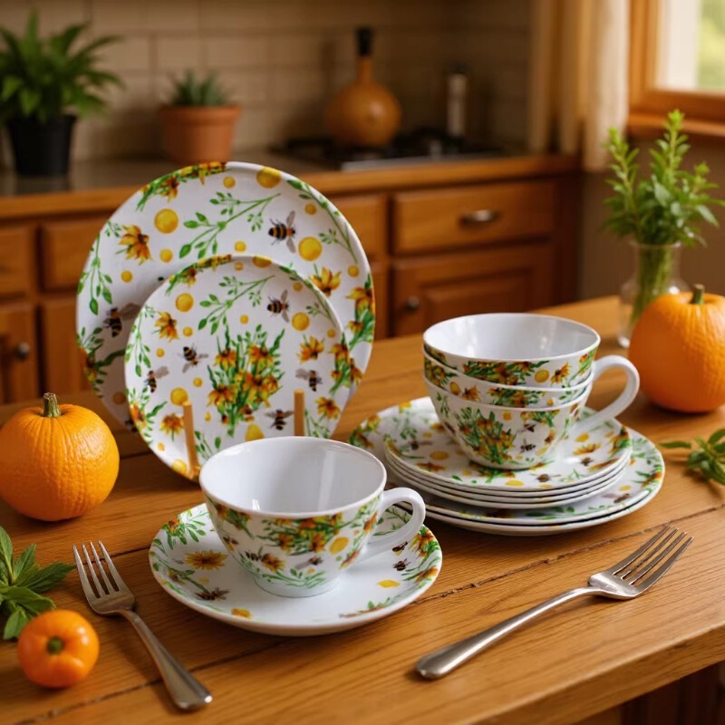 Spring and Summer Series 12Pcs Melamine Plate and Bowl Set Melamine Melamine Tableware Set Camping Picnic
