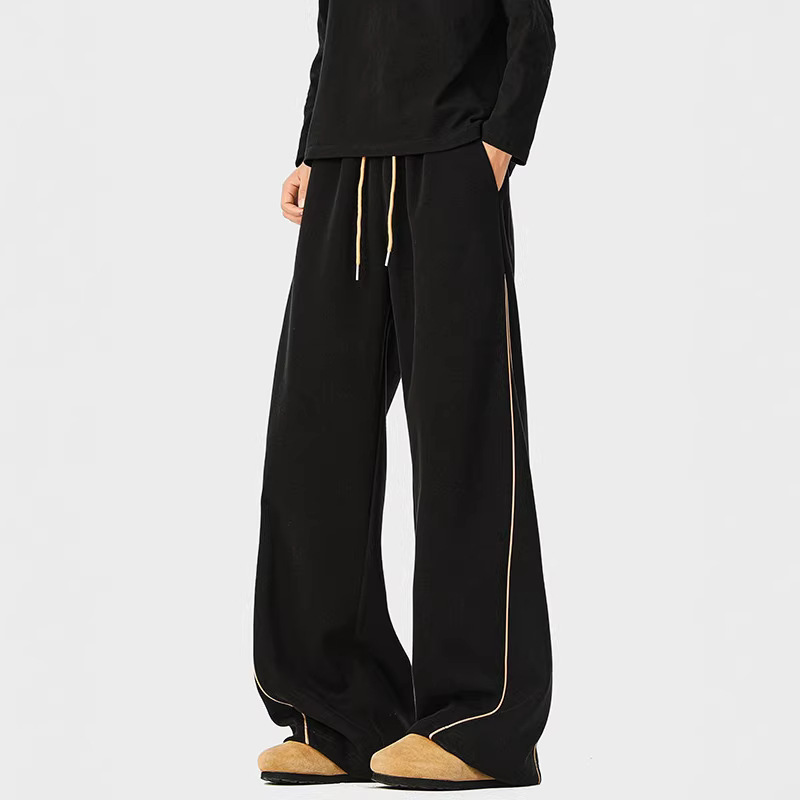 320g Heavyweight Striped Black Sports Sweatpants for Men 2026 New Style Loose Drape Versatile Wide-Leg Casual Long Pants