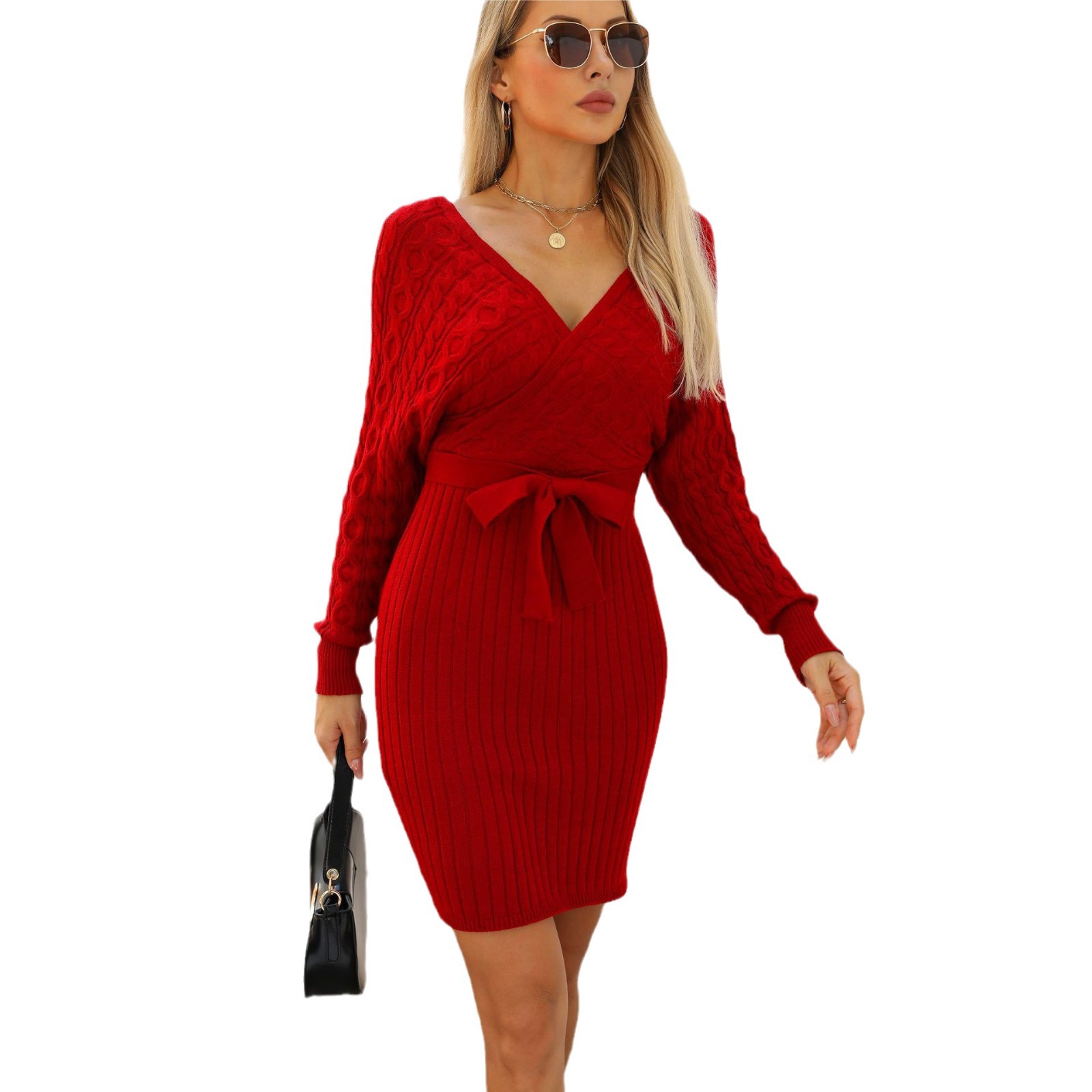 Knitted dress women's V-neck batball sleeve cinched waist strap mid length hip hugging skirt_voghion.com