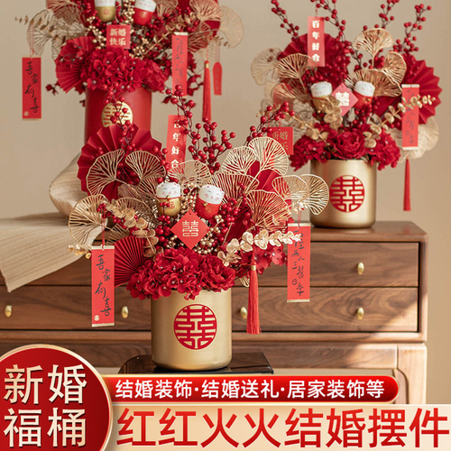 Housewarming red fruit New Year blessing bucket fortune fruit flower bucket newlywed decorations living room festive wedding room TV cabinet wedding decorations